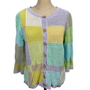 Christopher & Banks Petite XL Knit Cardigan Pastel Patchwork Sweater Colorblock‎